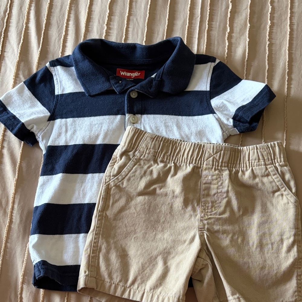 Boys Wrangler Navy & White Striped Polo with Khaki Shorts Set